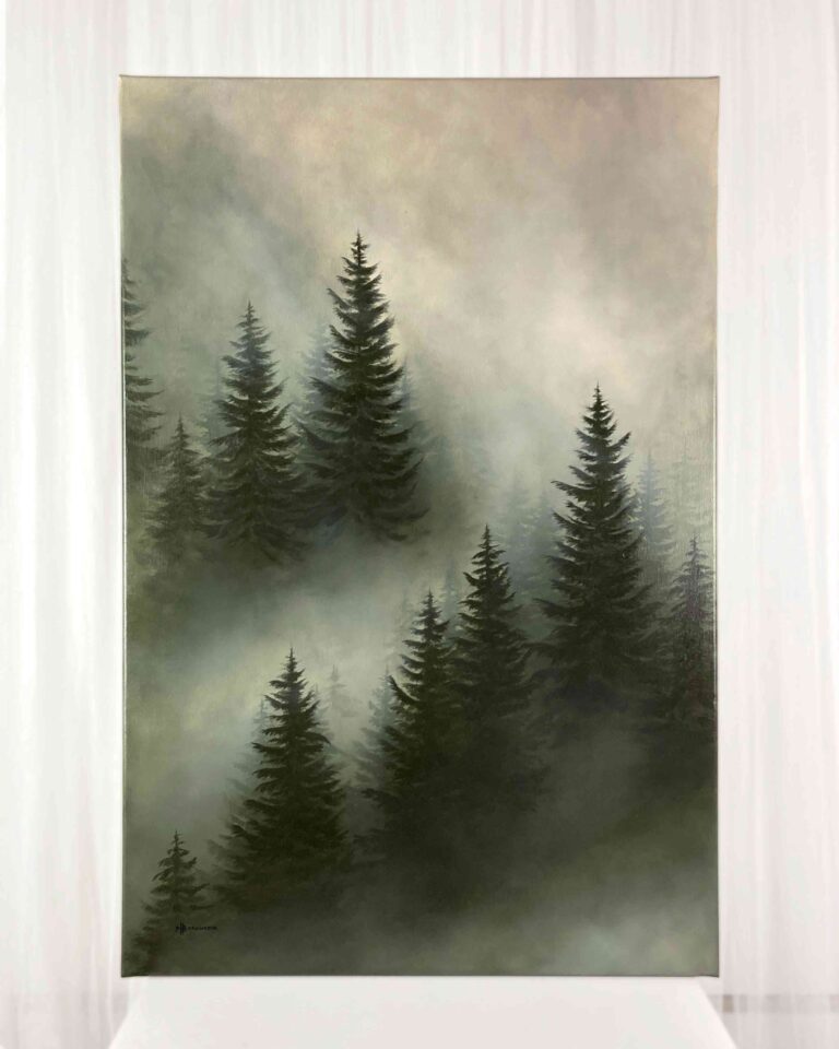 Obraz na płótnie przedstawiający las iglasty we mgle na górskim zboczu